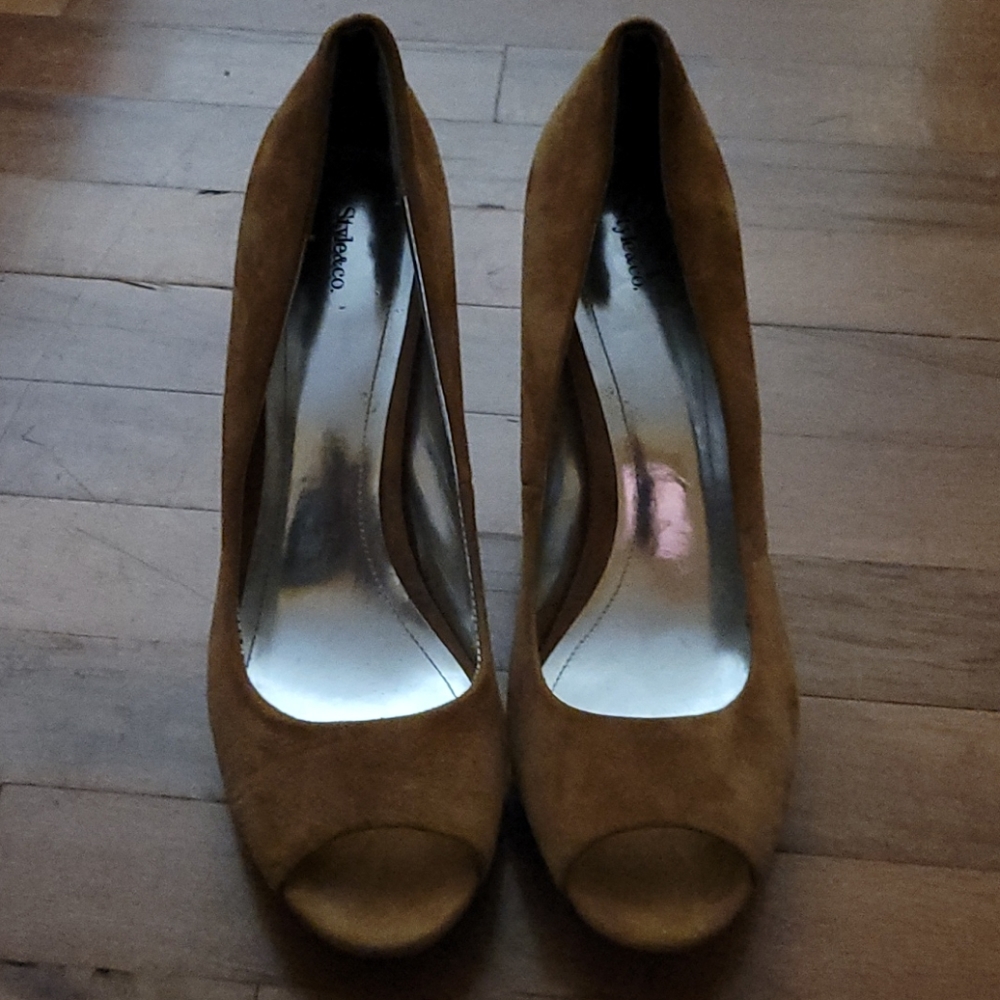 Tan, suede, peep toe heel. Size 10